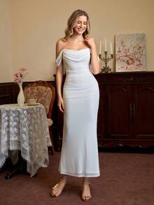 PARTHEA 露肩美人鱼下摆荷叶边修身白色优雅派对长裙 - 白色 - 查看 7