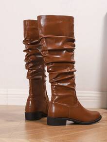 女士时尚驼色褶皱长靴，厚底过膝长靴，侧拉链设计，中筒搭扣宽松靴，西部风格休闲冬靴，适合假日、派对等场合，尖头舒适中跟通勤靴 - 駝色 - 查看 9