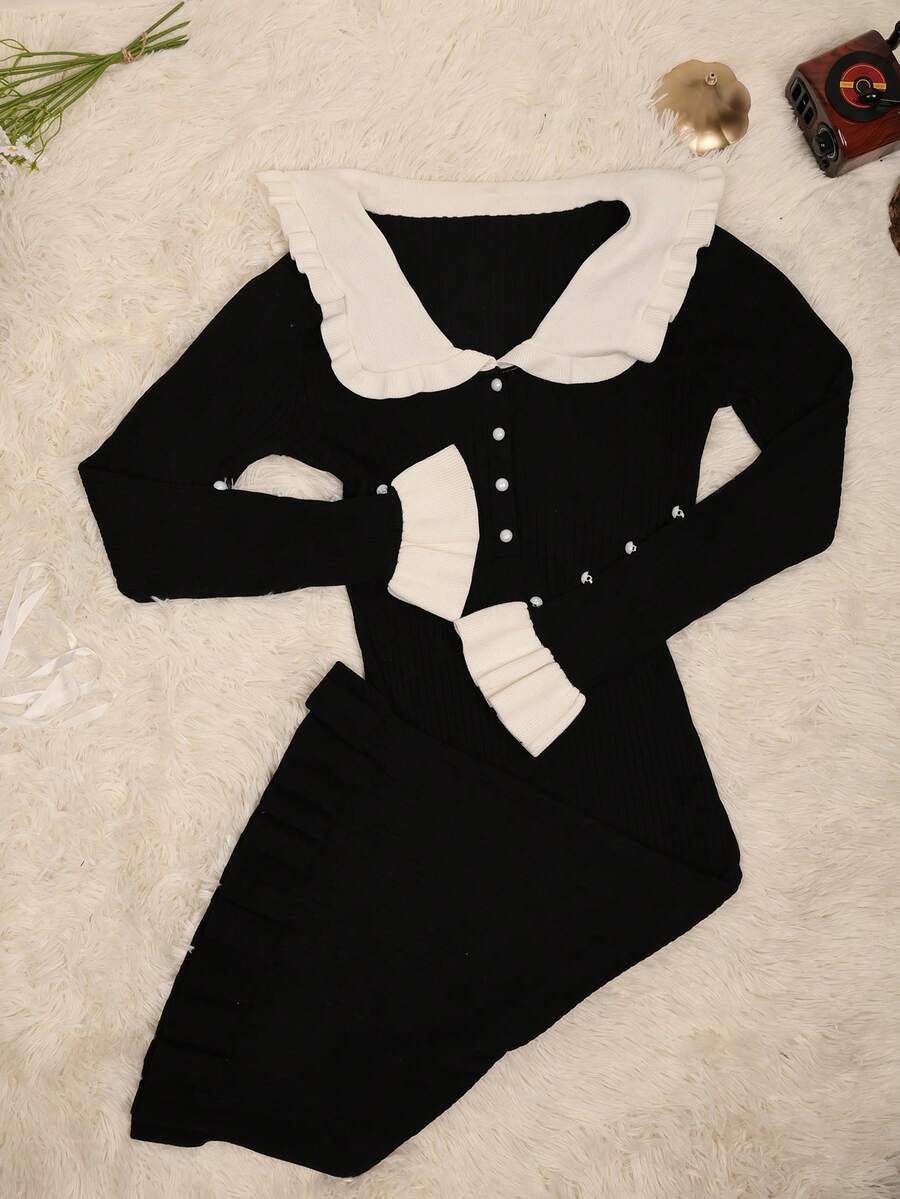 Elegant Contrast Ruffle Trim Lapel V Neck Button Embellished Mermaid Hem Long Sleeve Knitted Bodycon Fitted Sweater Dress - Black - View 1