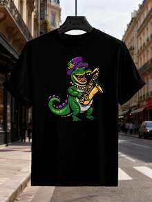 Sassofono coccodrillo Mardi Gras, taglie forti, cotone di prima qualità, vestibilità ampia, casual, comodo, design grafico. - nero - Visualizzare 2