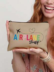 Sac cosmétique en canevas imprimée de grande capacité portable - Sac cosmétique multifonction, imprimé avec les lettres "Air Plane Stuff". Sac cosmétique sans goût, accessoires de voyage, cadeaux pour sœurs, meilleures amies, petites amies et collègues, porte-monnaie à la mode et sac divers, utilisé pour le sac cosmétique de retour à l'école, articles et cosmétiques Sac de rangement de fournitures scolaires, Sac à cosmétiques zippé portable pour femmes, Cadeaux de la Saint-Valentin - Multicolore - Voir 14