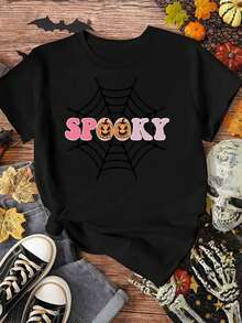 Camiseta de Halloween para Mujer - Tejido de Araña Espeluznante, Murciélagos y Gráfico de Letras ROSAS SPOOKY - Suave, Transpirable, Retro, Holgada, Manga Corta, Cuello Redondo para Disfraces de Fiesta de Halloween, Ropa Casual - Camiseta Casual Cómoda para Todas las Estaciones con Cuello Redondo y Mangas Cortas - Blusa Lavable a Máquina para Mujer, Moda de Temporada, Ropa Festiva, Camiseta con Estampado de Murciélagos, Disfraz de Araña de Halloween - Negro - Ver 2