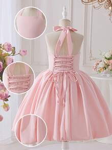 Tween Girls Halter Backless Floral Bud Wedding Flower Girl Dress, Elegant For Pageant, Bridesmaid, Graduation, Party, Birthday, Hostess, Performance, Ball Gown - Hồng - Xem 5