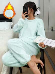 2pcs Simple Fleece Fluffy Pajama Set, Autumn/Winter Warm Solid Color Round Neck Top And Elastic Waist Pants, Women Sleepwear - Blue - View 4