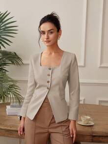 Women's Solid Color Waist Cinched Square Collar Blazer, Versatile For Commuting - Khaki - View 4