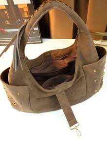 Borsa da viaggio alla moda e retrò con borchie e rivetti, borsa a tracolla a forma di raviolo, borsa da moto, borsa da pendolare di grande capacità - Castano - Visualizzare 11