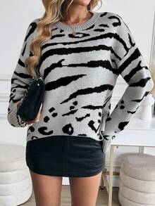Women's Elegant Zebra Pattern Loose Fit Crew Neck Long Sleeve Sweater, Fashionable Autumn/Winter Top - Grey - View 3