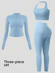 NcmRyu 3件套女士舒适休闲修身纯色立领拉链塑形提拉紧身露脐户外健身跑步瑜伽长袖上衣、紧身裤和运动文胸套装 - 淺藍色 - 查看 2