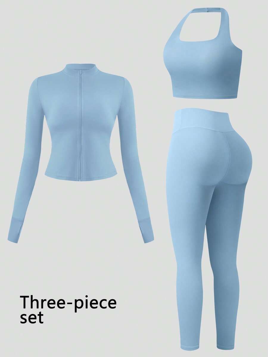 NcmRyu 3件套女士舒适休闲修身纯色立领拉链塑形提拉紧身露脐户外健身跑步瑜伽长袖上衣、紧身裤和运动文胸套装