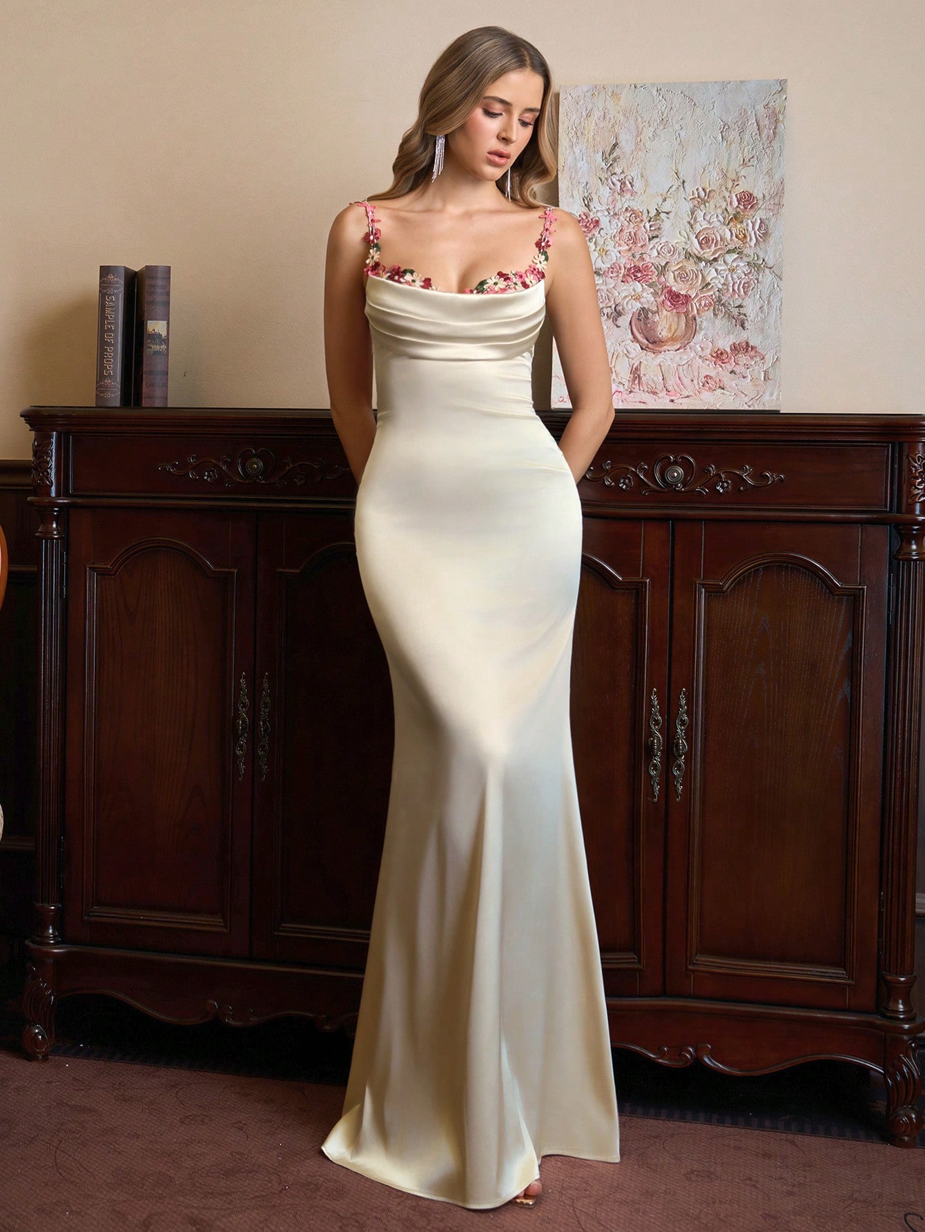 Elegant long satin dress with ruffles and floral details on the thin straps, suitable for formal evenings, parties, dance parties,...