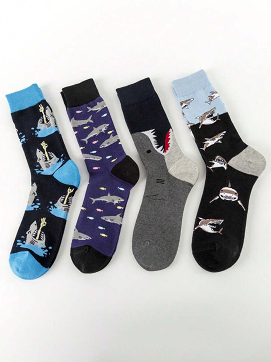 4 Paar bunte Hai-Design Socken, modische lässige Paar-Socken, europäischer und amerikanischer Straßen-Stil Knöchelsocken