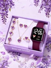 Set de 6 piezas de reloj digital con forma de corazón LED, estilo lindo y casual, con correa de silicona, equipado con pulsera de joyería, collar, anillo, juego de aretes, adecuado para regalo, escuela, ceremonia de graduación y otras ocasiones, ideal para estudiantes, perfecto para la vida diaria como volver a la escuela, fiestas y viajes, regalos de cumpleaños, temporada de graduación, regalo perfecto para niñas - Multicolor - Ver 18