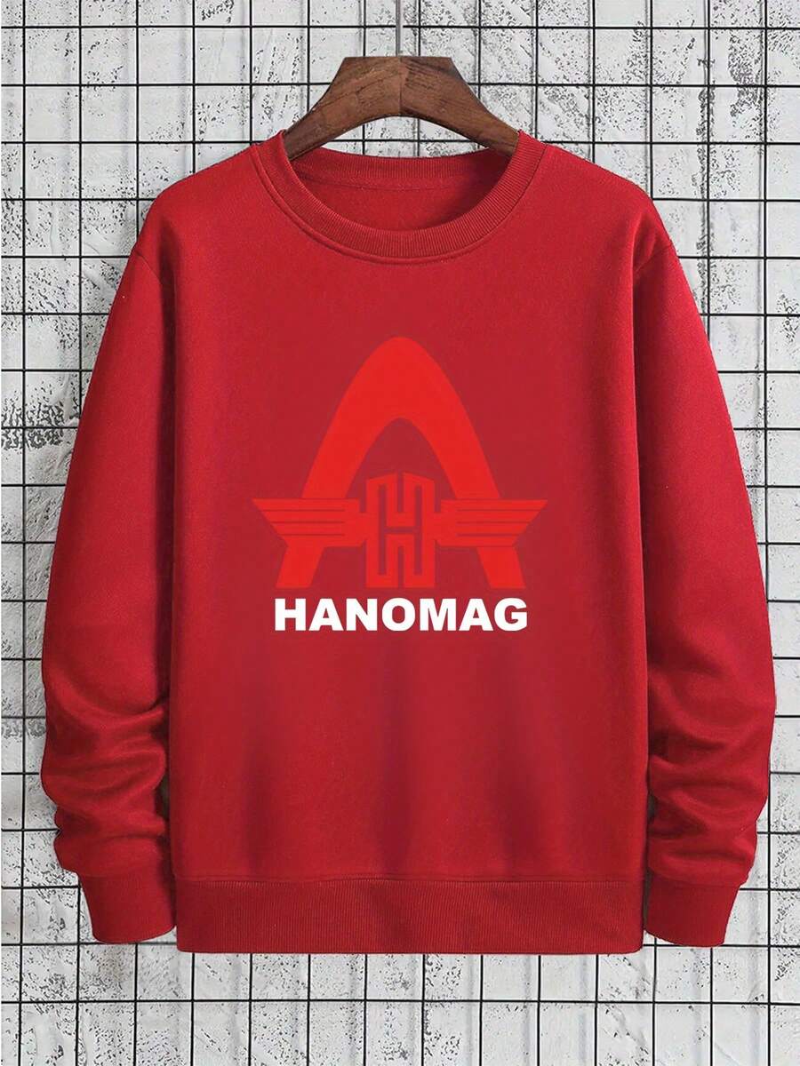 Sudadera gráfica retro de inspiración 80 para hombre y mujer HANOMAG - con arco rojo y letras HANOMAG, jersey casual de manga larga y cuello redondo, top unisex lavable a máquina para ropa casual, ropa vintage, moda streetwear, amantes de la streetwear - Oscuro - Ver 1