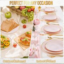 1/7/12/25/50 piezas Vajilla rosa con borde dorado, bandejas de comida, platos para ensalada de frutas, platos de cena, vajilla de ensalada reutilizable y lavable, adecuada para decoración de bodas, decoración navideña, fiestas de cumpleaños, reuniones familiares, actividades al aire libre, escuelas, restaurantes y suministros para fiestas de cocina, regalos estacionales para el hogar y la escuela