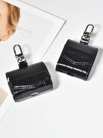 1pc High-End Fashion Black Crocodile Pattern Full-Cover Apple Wireless Bluetooth Flip Earphone Protective Case With Metal Buckle, Simple Solid Color Snakeskin Pattern Suitable For Air Pro 1/2/3/4 Pods One-Piece Business Leather Unisex Anti-Fall Couple Soft Earphone Cover, Can Be Hung On Bag, Mobile Phone Case & Mobile Phone Lanyard