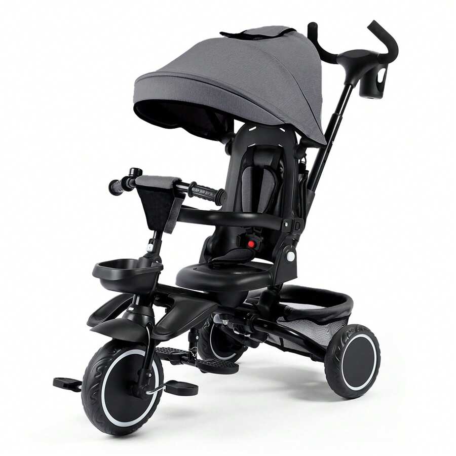 Kinder King Kids Tricycle, 8 In 1 Folding Toddler Trike W/Adjustable Push Handle, Rotatable Seat, Adjustable Canopy, Bell, Five-Point Harness, Storage, Toddler Bike, Gray - Grey - View 1