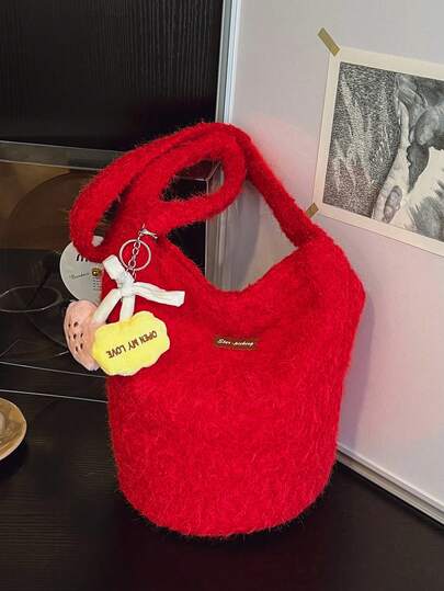 Fluffy Bucket Bag, Casual Large Capacity Shoulder Crossbody Bag With Pendant, Suitable For Shopping, Wallet, Young Women, College Students, Beginners, Office Ladies. Ideal For Office, University, Work, Business, Commuting, Outdoor Activities, Travel And Picnics