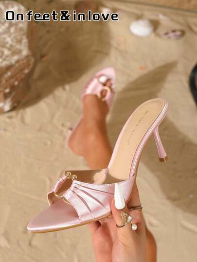 On feet& in love Fall/Winter Women's Fashion Elegant Satin Pleated Metal Round Buckle Open Toe Outdoor Slippers High Heel Sandals, Suitable For Dresses In Summer,Elegant