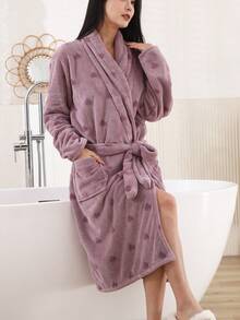 1件女士情侣爱心图案加厚珊瑚绒保暖浴袍，简约带口袋，实用 - 乾枯玫瑰色 - 查看 7