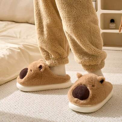 Adorables zapatillas de felpa con dibujos animados,zapatillas de interior acogedoras de peluche con diseño 3D de pareja de capibaras, zapatos cómodos planos suaves de color marrón para el hogar en invierno, Patrones de dibujos animados de Capibara marrón,