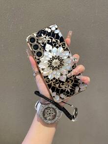 1个黑色电镀TPU白色玻璃碎片花卉印花防震软壳全包手机壳，1个黑色滴胶水钻花朵皮革腕带，时尚百搭创意全包手机壳 - 彩色 - 查看 1