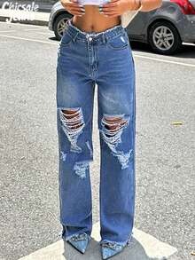 Women's Casual Street Ripped Raw Edge Loose Wide Leg Jeans - Dark Wash - View 5