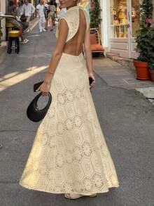 波西米亚风钩编浪漫沙滩长裙，针织提花露背A字裙，适合夏季海滩度假，优雅迷人，也适合婚礼季。#派对造型 #海滨风情 #约会装扮 #音乐节 #婚礼季 #春季度假 - 米色 - 查看 8