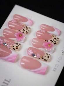 10pcs - Y2K Style Leopard Print Pink Flower Press On Nails, Pink Flower Gold Bead Square Nails - Leopard Print Design, Pink Gradient, Sparkling Embellishment Nails - Essential Nail Art Autumn And Winter, Suitable Daily, Party, And Outdoor Use - Best Ladies And Women - 彩色 - 查看 3
