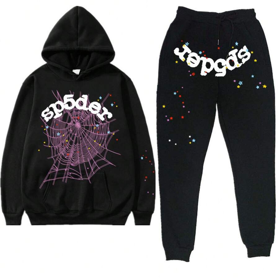 Y2K Hip-Hop Spier 55554 Letter Spider Web Star Print Couple Sweatshirt Men And Women Hoodie Sweatshirt Set - Y黑色紫網白sp5der - 查看 1