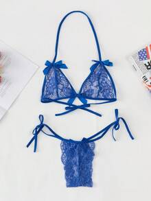 1 Set Sexy Lace Lingerie Set With Straps, Romantic Nightwear To Seduce Your Partner - Navy Blue - View 9