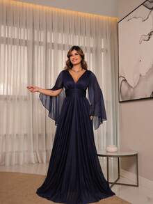 Luxury Long Dress With Flowing Sleeves And Deep Neckline – Timeless Elegance And Sparkle For Parties* - 藏蓝色 - 查看 6