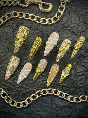 10pcs Goth Nails Handmade Cute Y2K Golden Acrylic Press On Nails Kit With 3D Crown And Pearl Decorations Line Art LONG Stiletto Glossy French Tips Fake Nails Set Nail Supplies Nail Art Design Chrome Nails False Nails ,Perfect For Parties, Weddings, And Everyday Wear, These Acrylic Nail Supplies Make Great Gifts For Women And Girls.
