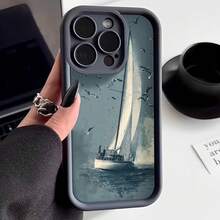 Cubierta de telefono con borde negro para iPhone 15 Pro Max diseño de velero en el mar con gaviotas estilo vintage para uso diario y viajes - Café integral - Ver 1