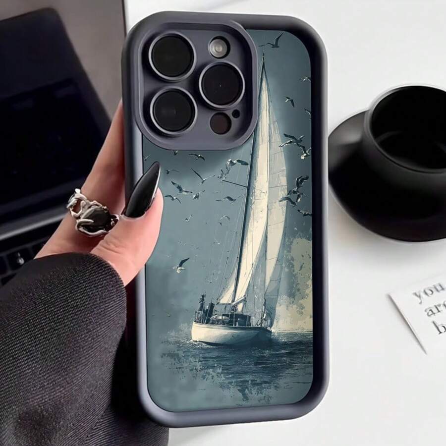 Cubierta de telefono con borde negro para iPhone 15 Pro Max diseño de velero en el mar con gaviotas estilo vintage para uso diario y viajes - Café integral - Ver 1