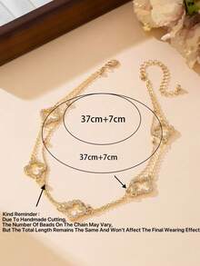 1pc Luxurious Hollow Clover Pendant Necklace For Women, Double Layer (Bead Quantity May Vary Due To Handmade Cutting, Fixed Length) - Yellow Gold - View 5