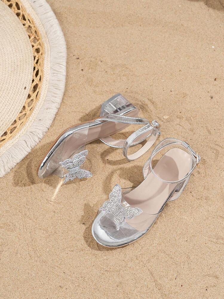 1 paire de sandales mode pour enfants, nouvelles sandales à talons hauts 2026 pour enfants, sandales à strass papillon, sandales style princesse, sandales bohèmes, convenant pour les occasions casual, vacances, fêtes et mariages - Argent - Voir 4