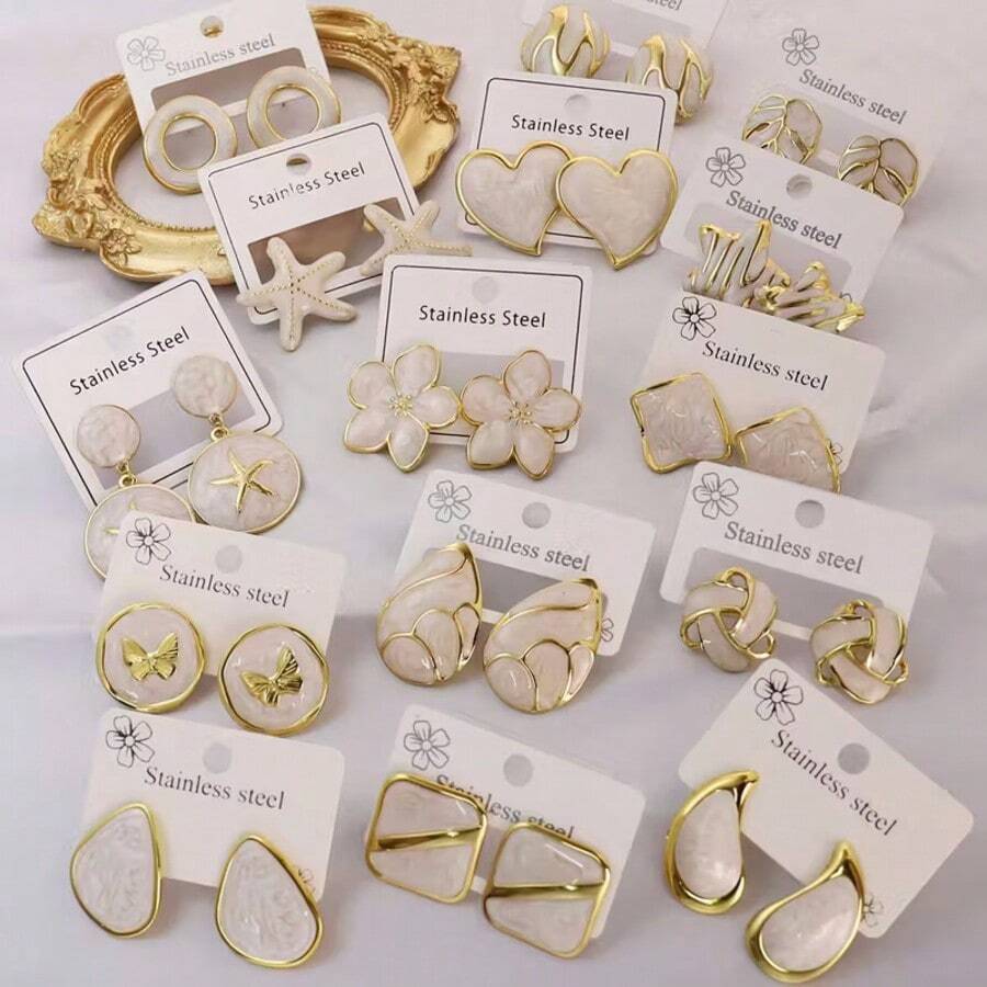 24pcs (Random Assorted) 304 Stainless Steel White Flower/Hollow Leaf Round Glazed Water Drop Earrings, Birthday, Anniversary, Valentine's Day Gift, Suitable For Daily Wear For Men And Women