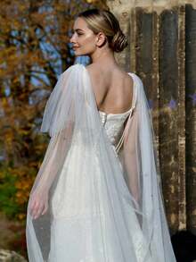 1pc Starry Sky Sequin Long Train Cathedral Wedding Dress Outdoor Lawn Bridal Accessory, Faux Pearl Arm Decor Photography Prop - Multicolor - View 1