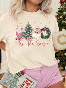 Comfortable Colorful T-Shirt For Christmas Season, Women's Bowknot Christmas Shirt, Vintage Christmas Crew Neck Top, Girls' Christmas Sweater, Merry Christmas - Apricot - View 1