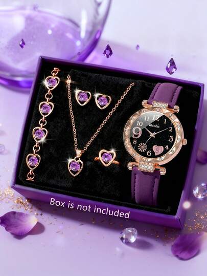 6/5件套女孩精致时尚烟花心形图案石英表，适合女孩佩戴，可搭配优雅的项链、手链、戒指、耳环套装，是送给女孩的生日/节日礼物，也非常适合日常生活，例如返校、旅行、派对装饰等。是毕业季、情人节和圣诞节送给女孩的完美礼物。
