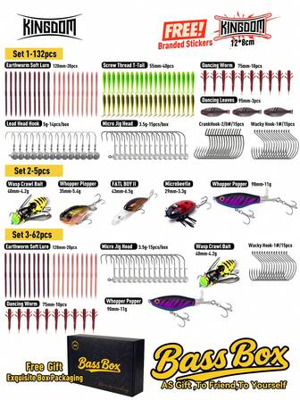  KINGDOM Bass Lure Kits 132pcs/5pcs/62pcs Multi-Lure Fishing Set Suitable For Saltwater And Freshwater Fishing Accessories Set For Bass Pike Crankbait Tackle Accessories Gifts For Men