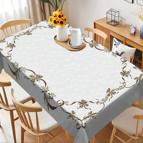 1pc Vintage Holly Bow Christmas Tablecloth, Classic European Style Dining Table Decor, Durable Polyester Fabric, Easy To Clean, Essential For Family Gatherings, Suitable For Daily Dining Room, Living Room, Parties, Outdoor Picnics, Indoor/Outdoor Use