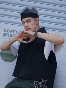 1pc Men's Personalized Knit Hat With Fake Hair, Novelty Men's Wig Hat, Fashionable Brimless Hat, Men's Party Costume Accessory, Sports Short Hair Prank Wig Hat, With Gray Fluffy Wig, Black And White Headband, Fun Party Accessory, Includes Straight Hair, Soft Texture