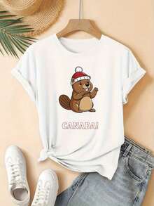 Camiseta Casual de Manga Corta para Mujer - Estampado Divertido de Santa con Gorro y "EL BOWS UP CANADA!", Cuello Redondo Ligero, Ideal para Vacaciones, Deportes y Uso Diario, Diseño Navideño, Textura Suave, Lavable a Máquina, Ropa Festiva, Estilo Funloving - Blanco - Ver 2