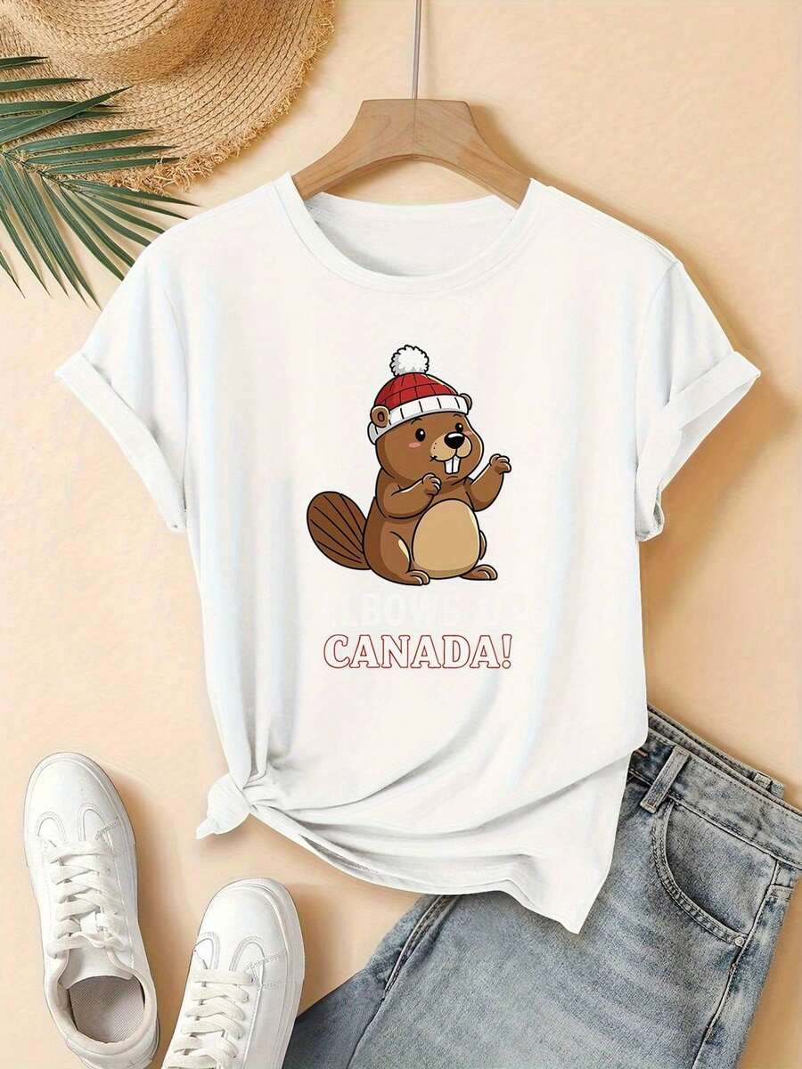 Camiseta Casual de Manga Corta para Mujer - Estampado Divertido de Santa con Gorro y "EL BOWS UP CANADA!", Cuello Redondo Ligero, Ideal para Vacaciones, Deportes y Uso Diario, Diseño Navideño, Textura Suave, Lavable a Máquina, Ropa Festiva, Estilo Funloving