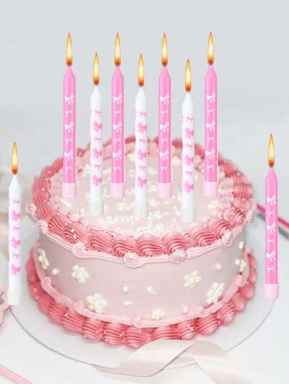 12pcs Pink & White Bowknot Candles, Birthday Party & Anniversary Cake Decorations