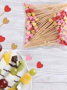 100pcs Heart-Shaped Bamboo Cocktail Picks (Random Color), Heart-Shaped Toothpicks, Suitable For Appetizers, Snacks, Desserts, Fruits, Vegetables, Sandwiches, Cheese, Sausages, Can Be Used As Party Decorations, Also Suitable For Birthday Parties, Weddings, Gender Reveal Parties, Home Decor Fruit Picks, Also Suitable For Weddings, Valentine's Day And Mother's Day Theme Birthday Party Cake Decoration. - Multicolor - View 4
