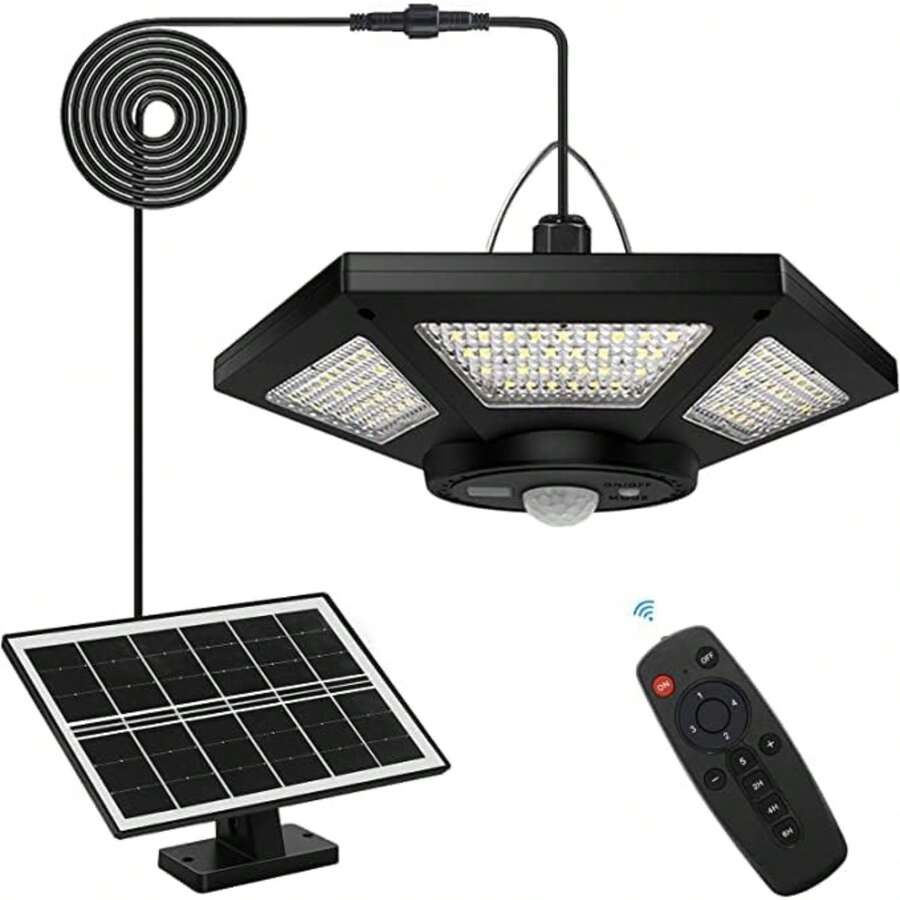 Solar Pendant Light - Indoor/Outdoor With Remote Control, 360° Waterproof Solar Light With Motion Sensor/Timer/5 Modes For Home Shed Garage Barn - B - View 1