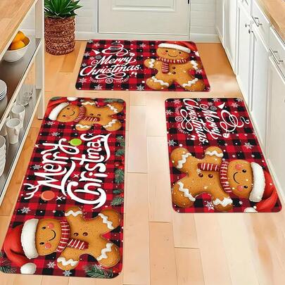 2/3pcs, Christmas Gingerbread For Man Pattern Kitchen Mat, Non-Slip Kitchen Mat, Absorbent Flannel Kitchen Floor Mats, Suitable For Kitchen, Sink, Outdoor Comfort Pads