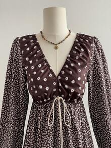 Rusttydustty 波西米亚风花卉拼接蕾丝V领荷叶边长裙，休闲度假装，优雅浪漫连衣裙，新年派对礼服 - 棕色 - 查看 3